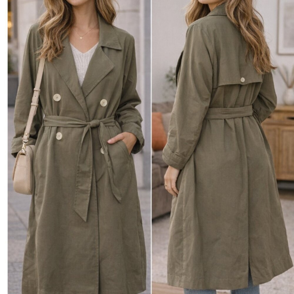 NWT Mus & BomBon Norte Trench Coat Olive Green | Lightweight Belted | Size S
